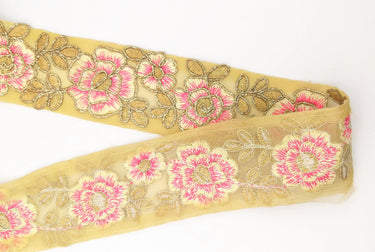Pink and Gold Floral Embroidery Trimming, Embroidered Roses Flowers Trim, Sheer Fabric Lace